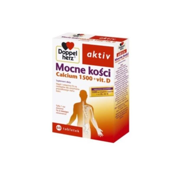 Doppelherz Aktiv Mocne Kości Calcium 1500 + Vitamin D dietary supplement box with 60 tablets, supporting strong bones with calcium, vitamin D, K, and C.