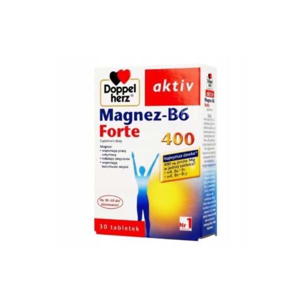 Doppelherz Aktiv Magnez-B6 Forte 400 dietary supplement box with 30 tablets, providing magnesium and B vitamins for energy, muscle, and nervous system support.